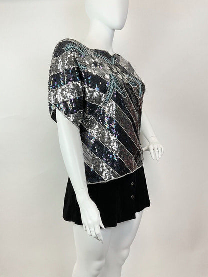 VTG 70s 80s BLACK SILVER BLUE STRIPED FLORAL SEQUIN DISCO GLAM BLOUSE TOP 18 20