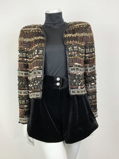 VTG 70s BLACK BRONZE SILVER DECO STRIPED BEADED SEQUIN PARTY TROPHY JACKET 8 10