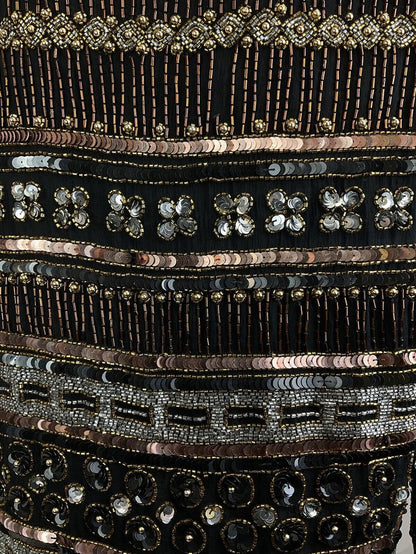 VTG 70s BLACK BRONZE SILVER DECO STRIPED BEADED SEQUIN PARTY TROPHY JACKET 8 10