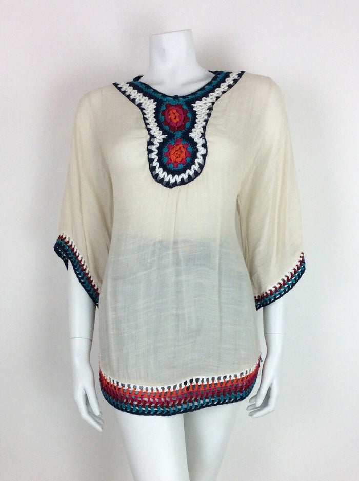 VTG 70s CREAM RED BLUE ORANGE PINK BOHO HIPPY ETHNIC CROCHET BLOUSE TOP 10 12 14