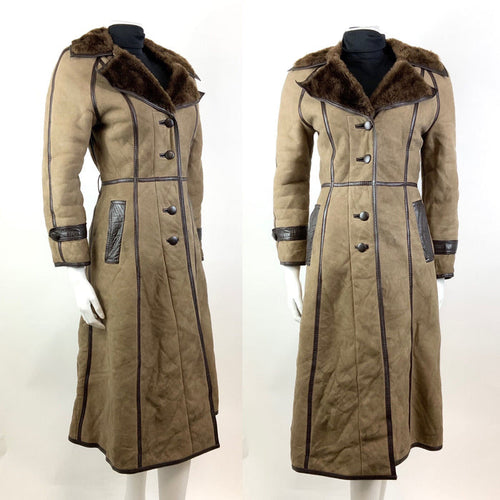 VTG 70s LIGHT BROWN PANELLED TIE WAIST SUEDE LEATHER DAGGER COLLAR COAT 8 10
