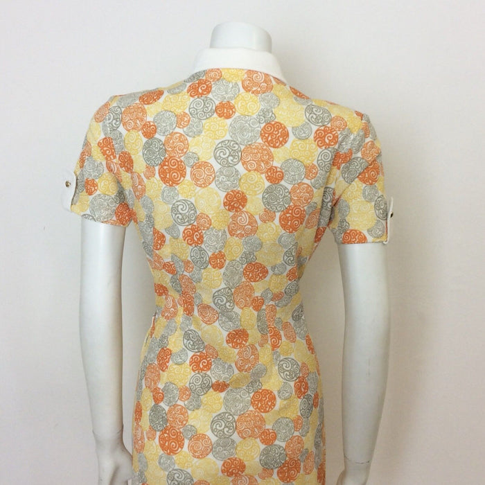VTG 70S ORANGE YELLOW WHITE GREY SWIRL JAPANESE SHIRT DRESS 10 12