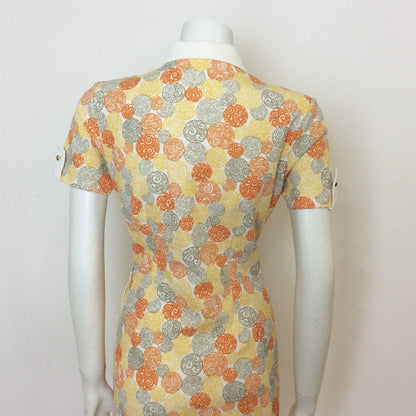 VTG 70S ORANGE YELLOW WHITE GREY SWIRL JAPANESE SHIRT DRESS 10 12