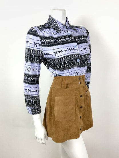 VTG 70s STYLE 90s LILAC BLACK WHITE FLORAL NATIVE AMERICAN SHIRT BLOUSE 14 16