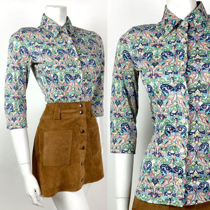 VTG 70s STYLE 90s NOUVEAU PSYCHEDELIC FLORAL DAGGER SHIRT BLOUSE 8 10