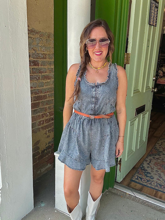 Washed Chambray Denim Frayed Romper