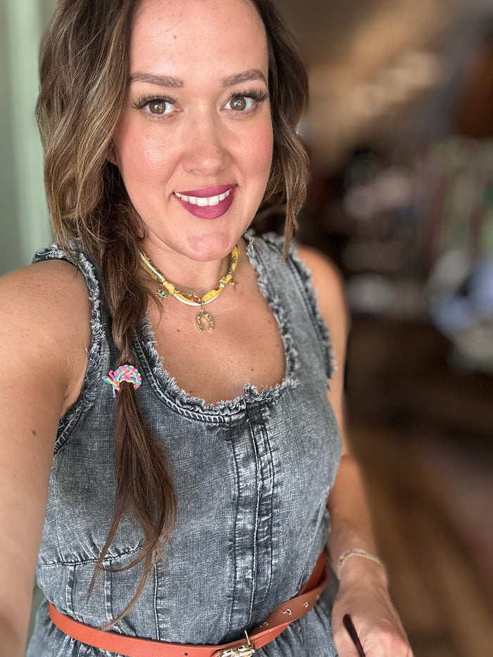 Washed Chambray Denim Frayed Romper