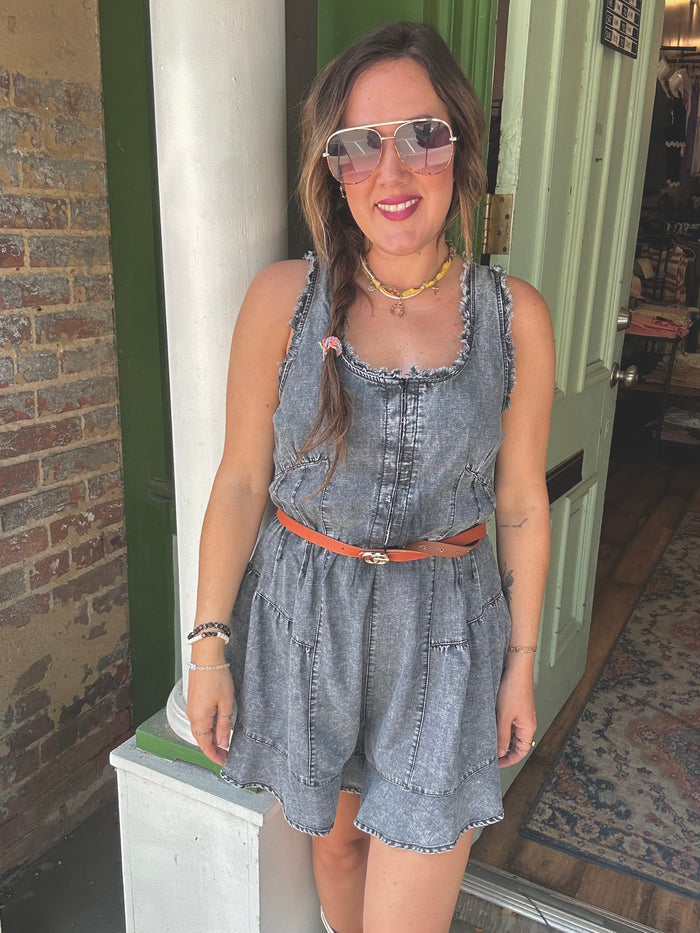 Washed Chambray Denim Frayed Romper