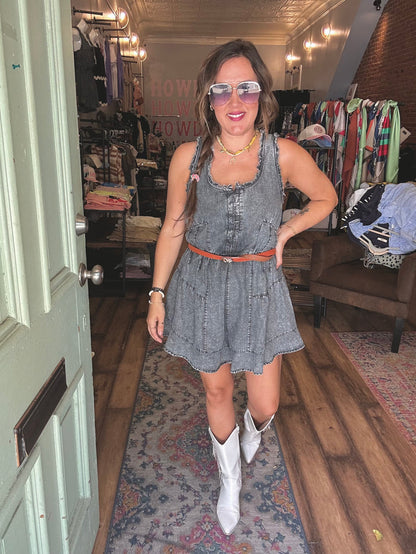 Washed Chambray Denim Frayed Romper