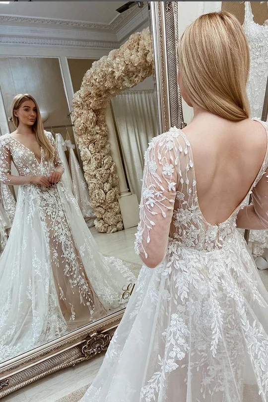 White Lace Backless Mermaid Wedding Dress with Attached Train