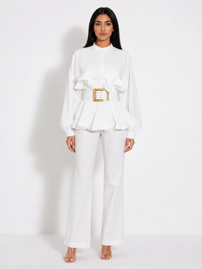 White Ruffle Peplum Belted Blouse - Pearl