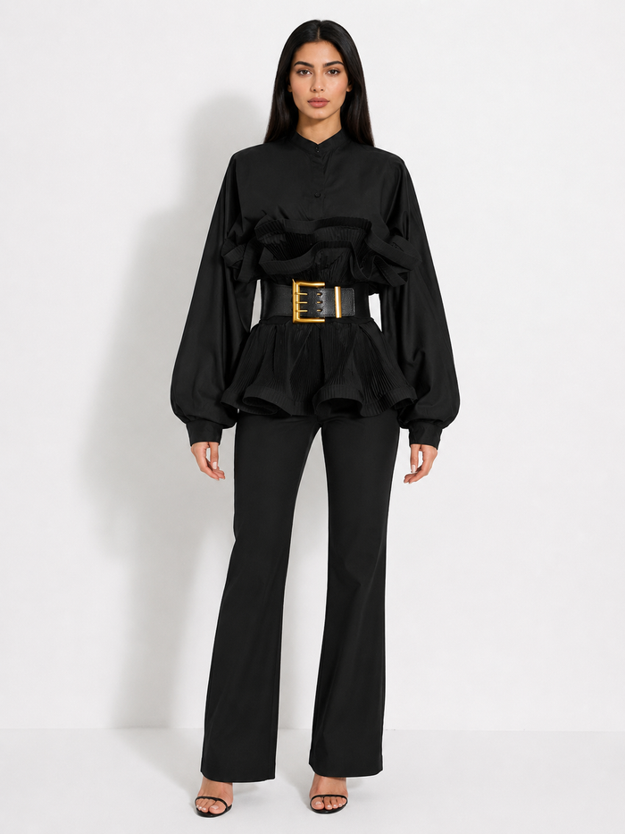 White Ruffle Peplum Belted Blouse - Pearl