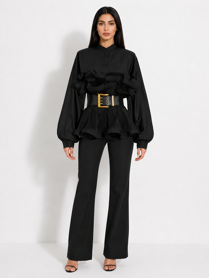 White Ruffle Peplum Belted Blouse - Pearl