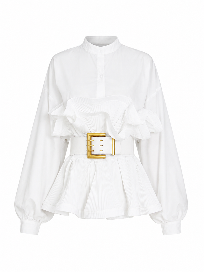 White Ruffle Peplum Belted Blouse - Pearl