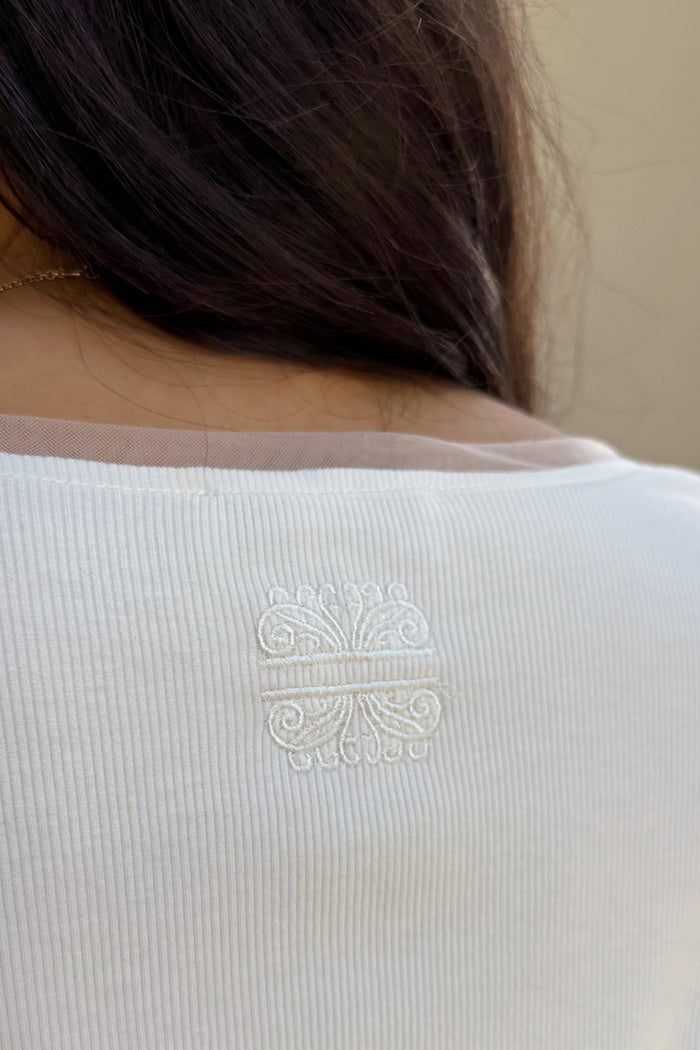White Teddy T-Shirt back detail with ribbed viscose fabric, mesh neckline trim and embroidered logo.