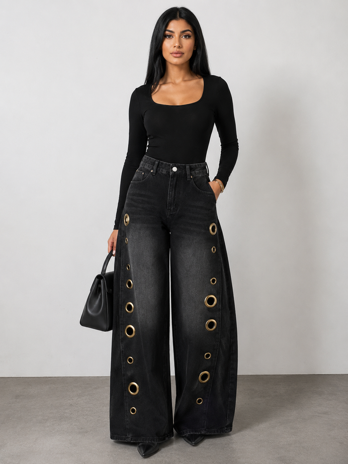 Wide Leg Eyelet Denim Jeans - Chicx