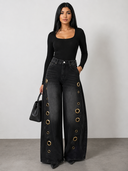 Wide Leg Eyelet Denim Jeans - Chicx
