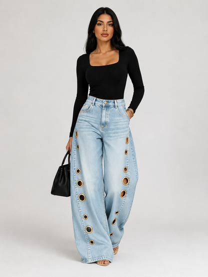 Wide Leg Eyelet Denim Jeans - Chicx