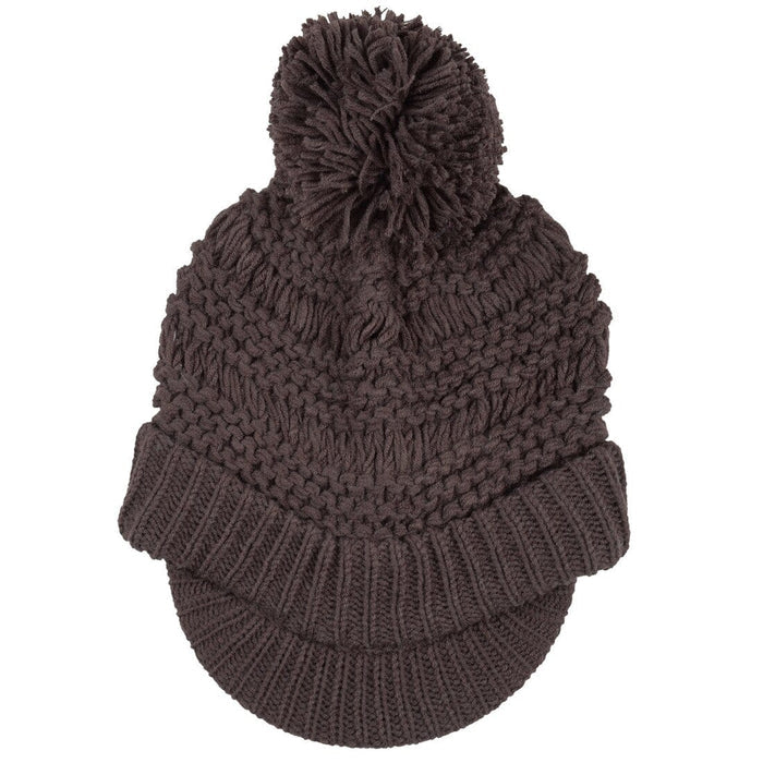 Womens Chunky Knit Willow Hat With Peak & Pom Pom Bobble Cappuccino