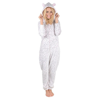 Womens Hooded Embossed Fleece Leopard All In One Pyjamas M