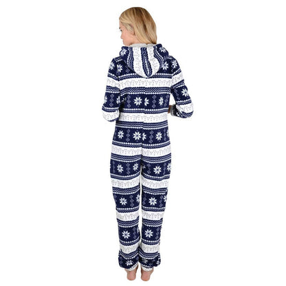 Womens Snowflake Hooded Fleece All In One Pyjamas Nightwear