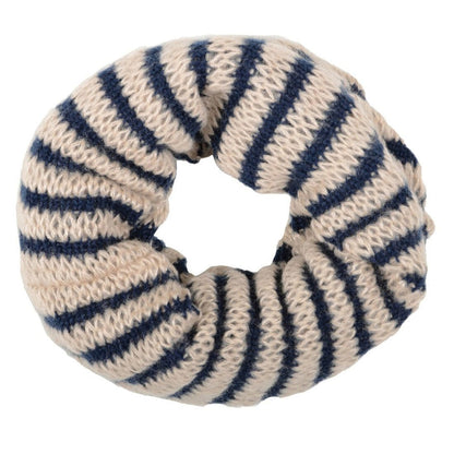 beige and navy knitted winter snood on white background