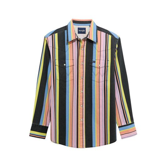 Wrangler Brushpopper Vintage Inspired Long Sleeve Shirt in Black Multi