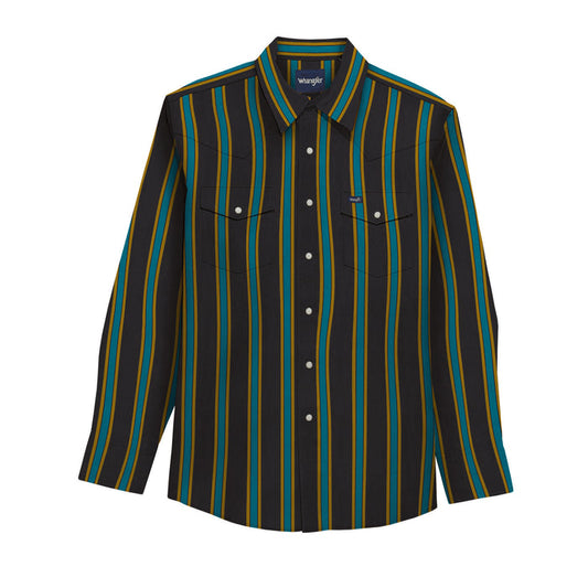 Wrangler Brushpopper Vintage Inspired Long Sleeve Shirt in Black Multi