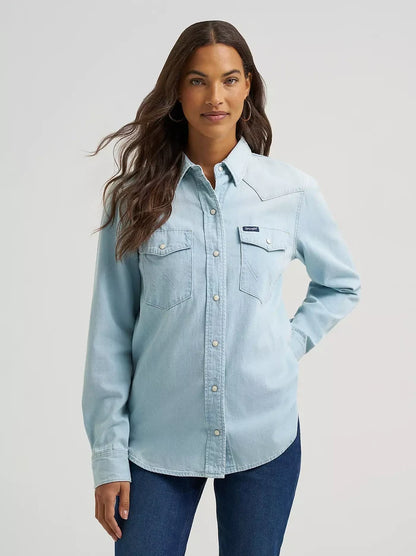 Wrangler Denim Snap Shirt in Bleached Denim