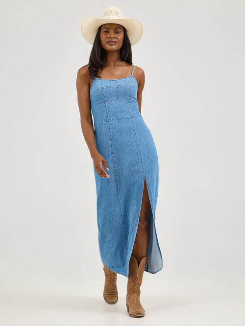 Wrangler Retro Punchy Maxi Denim Dress in Mid Denim