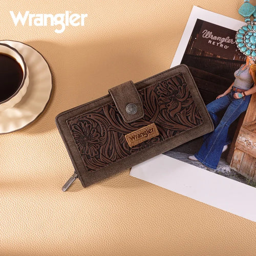 Wrangler Western Floral Tooled RFID Wallet - Coffee