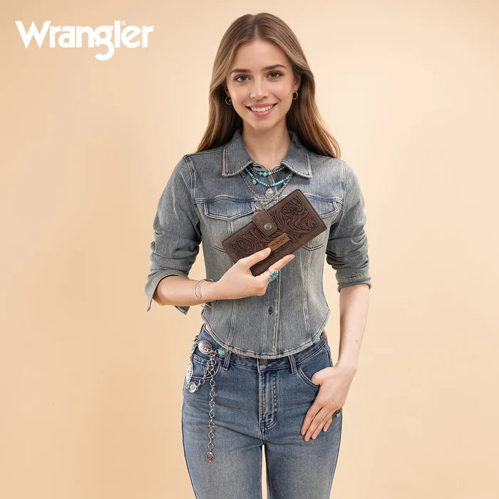 Wrangler Western Floral Tooled RFID Wallet - Coffee