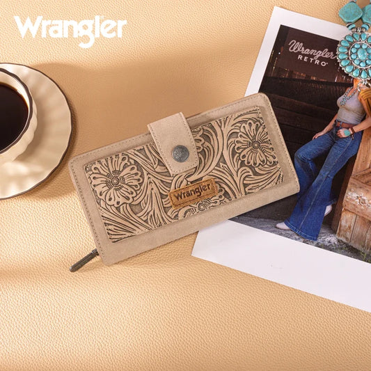 Wrangler Western Floral Tooled RFID Wallet - Khaki