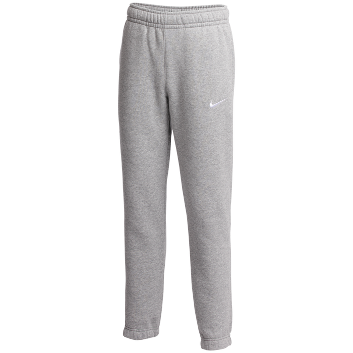 A pair of light gray Nike sweatpants with an elastic waistband and a white swoosh logo on the left leg.