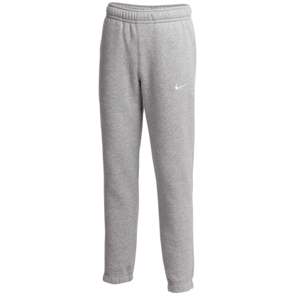 A pair of light gray Nike sweatpants with an elastic waistband and a white swoosh logo on the left leg.
