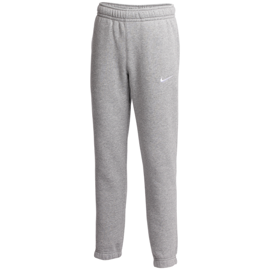 A pair of light gray Nike sweatpants with an elastic waistband and a white swoosh logo on the left leg.