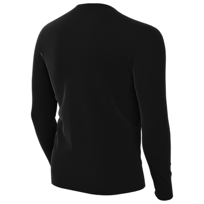 Rear view of a tight-fitting, long-sleeved black shirt with a crew neck.